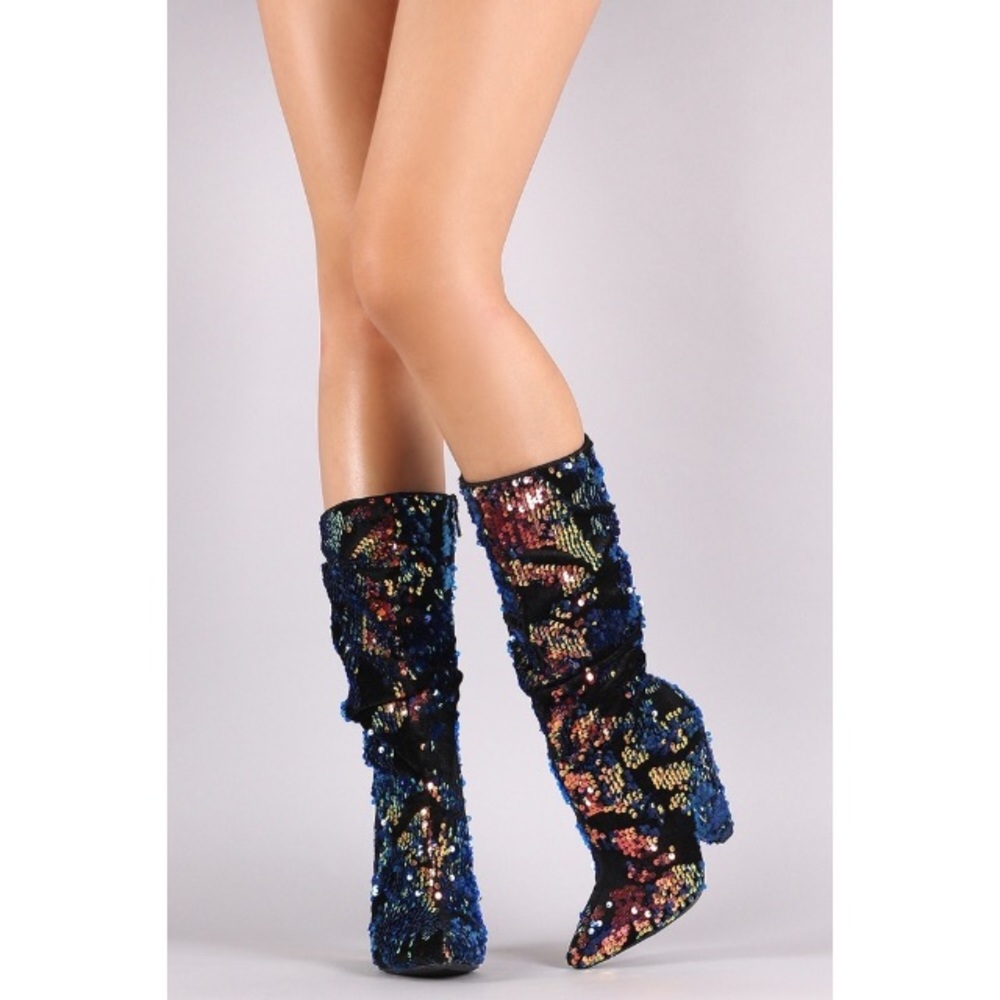 NWT scrunch velvet Sequin black heeled boot